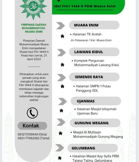 Muhammadiyah Muara Enim Laksanakan Shalat Idul Fitri Pada 21 April 2023, Ini lokasinya