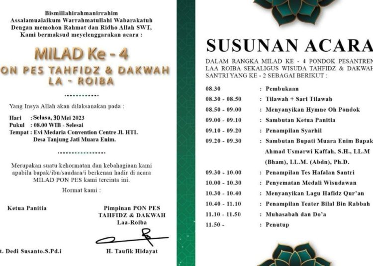 Ponpes Tahfiz & Dakwah La-Roiba Muara Enim Adakah Milad ke – 4, Ini Jadwal Undangannya