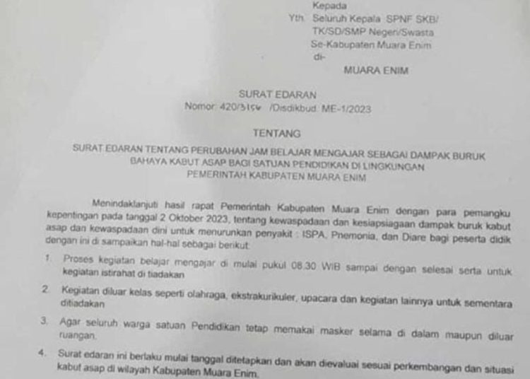 Jam Belajar Siswa di Muara Enim Dirubah Akibat Kabut Asap